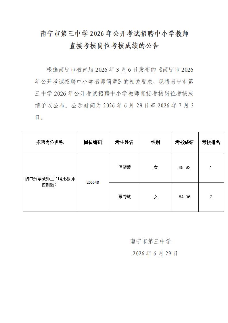 南宁市第三中学2026年公开考试招聘中小学教师  直接考核岗位考核成绩的公告_01.jpg